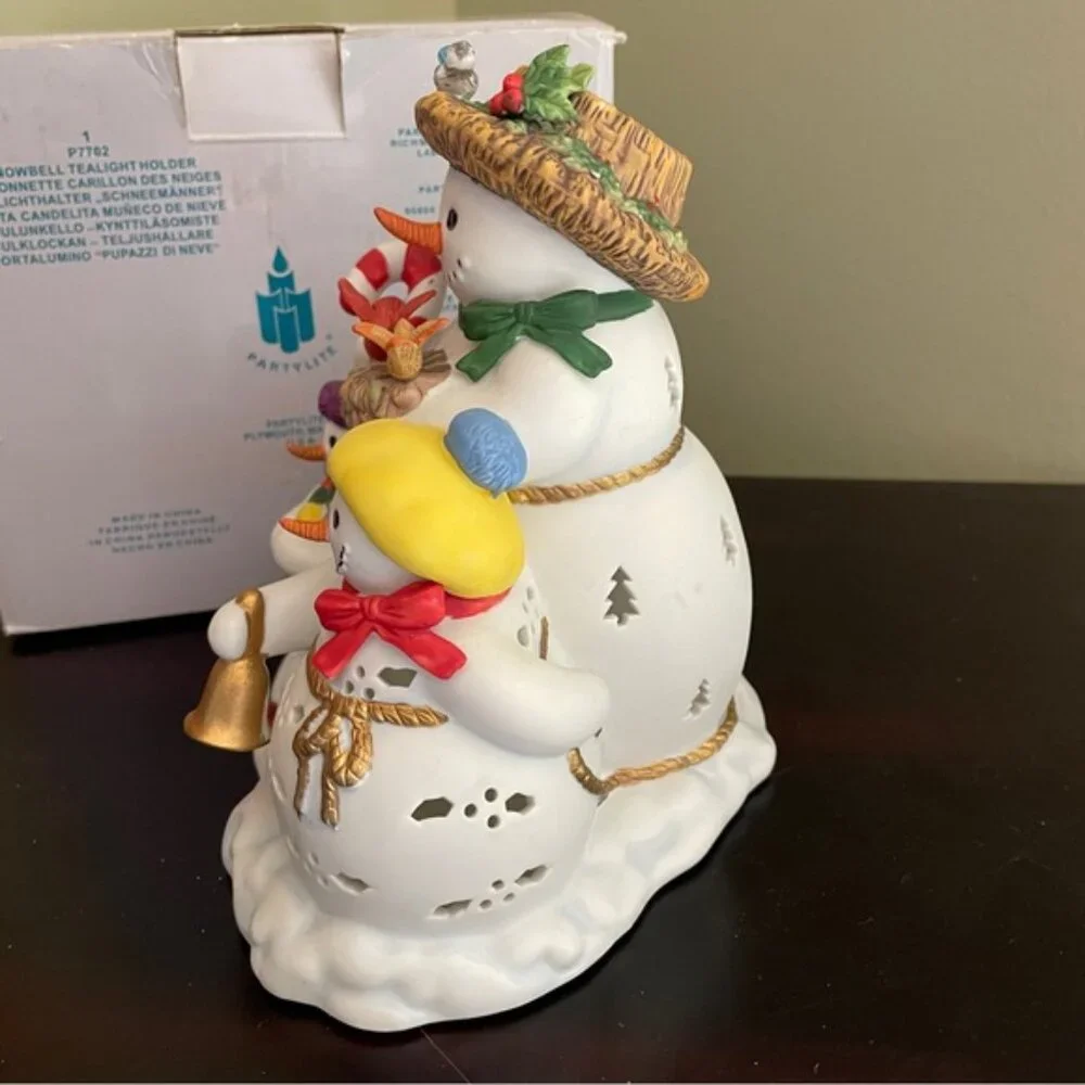 Retired Partylite P7702 Snowbell Snowman Family Ceramic Tealight Holder